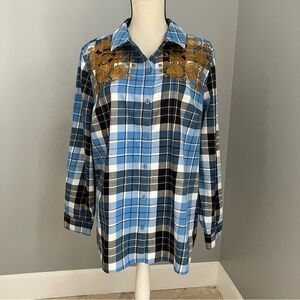 Denim & Co. Stretch Weave Long-Sleeve Plaid Shirt with Gold Embroidery